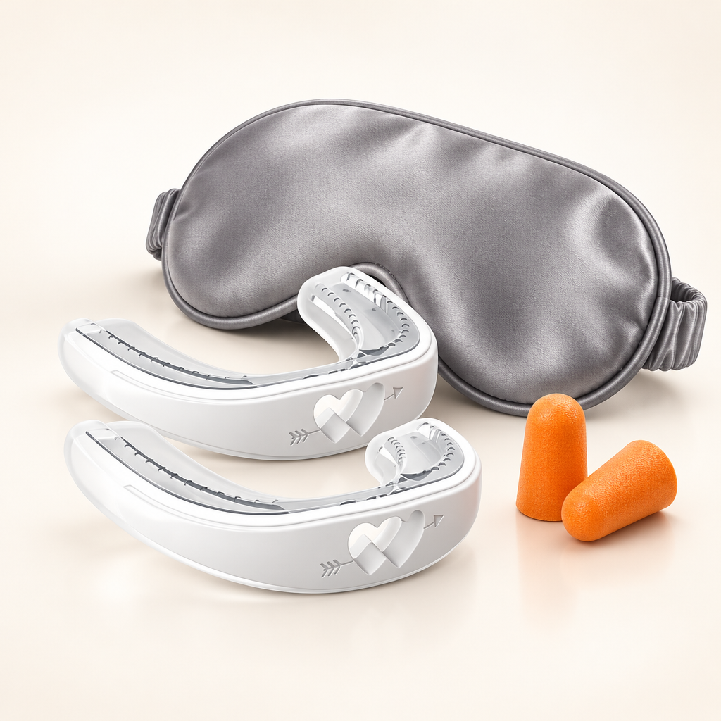 Duskbite Sleep Kit — 2 night guards, silk sleep mask, foam earplugs